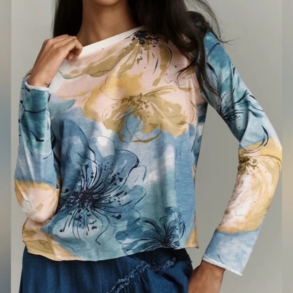 Anthropologie Maeve The Caitlin Boxy Tee: Long Sleeve Edition in Blue Floral NWT